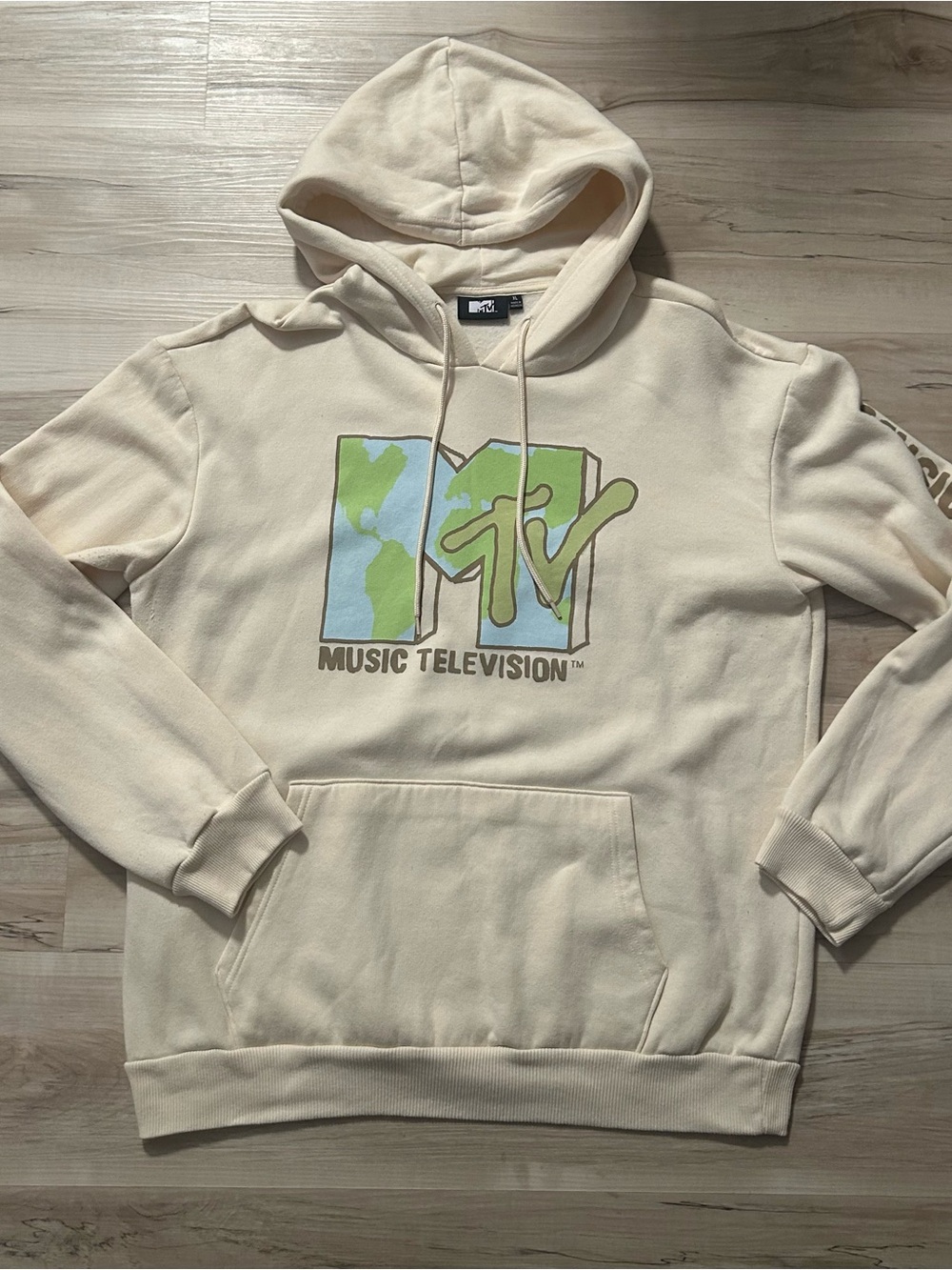 MTV Music Television Cream Hoodie Pullover Sweatshirt Extra Large